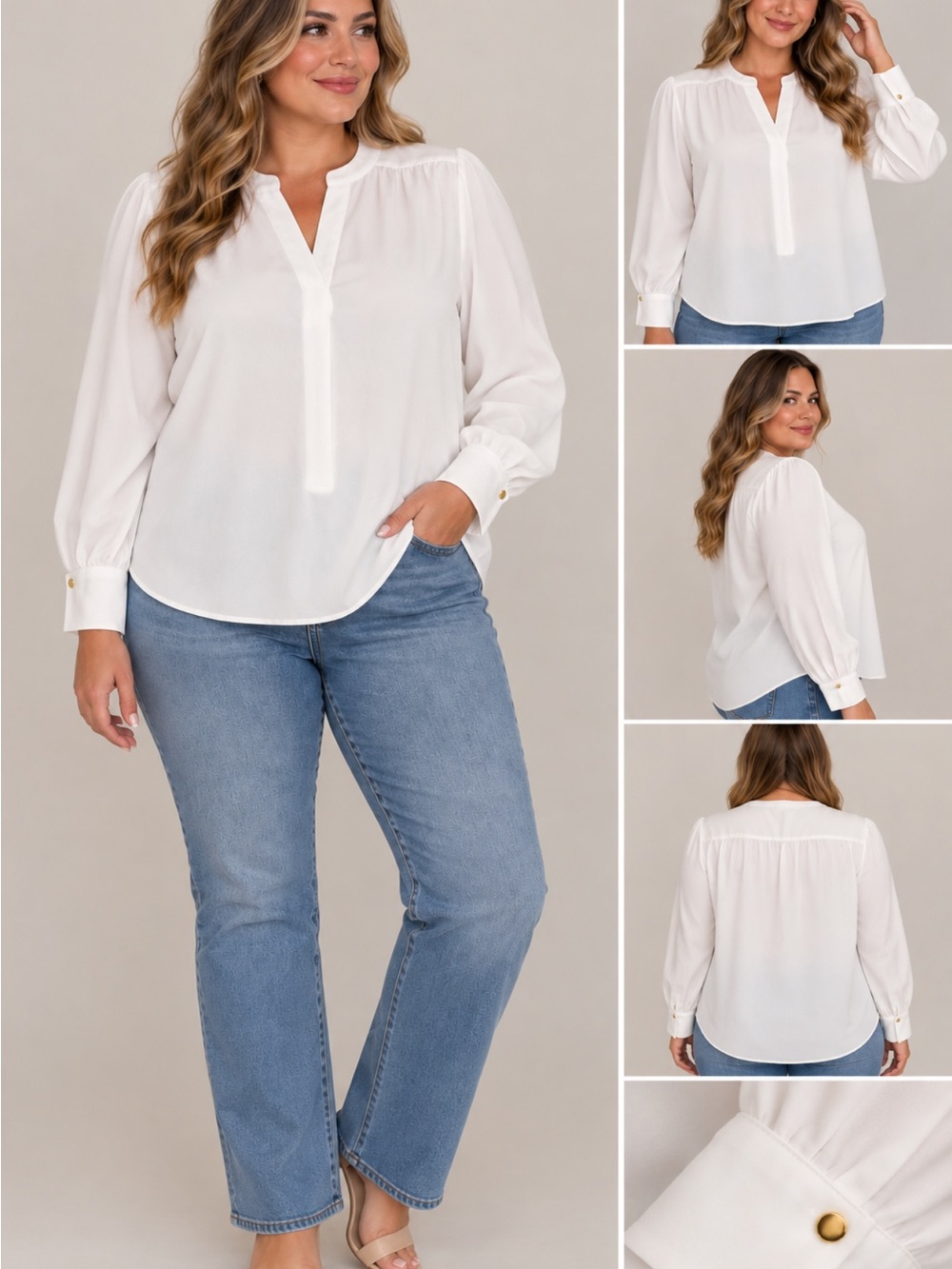 Classic White Calvin Klein V-Neck Long-Sleeve Blouse